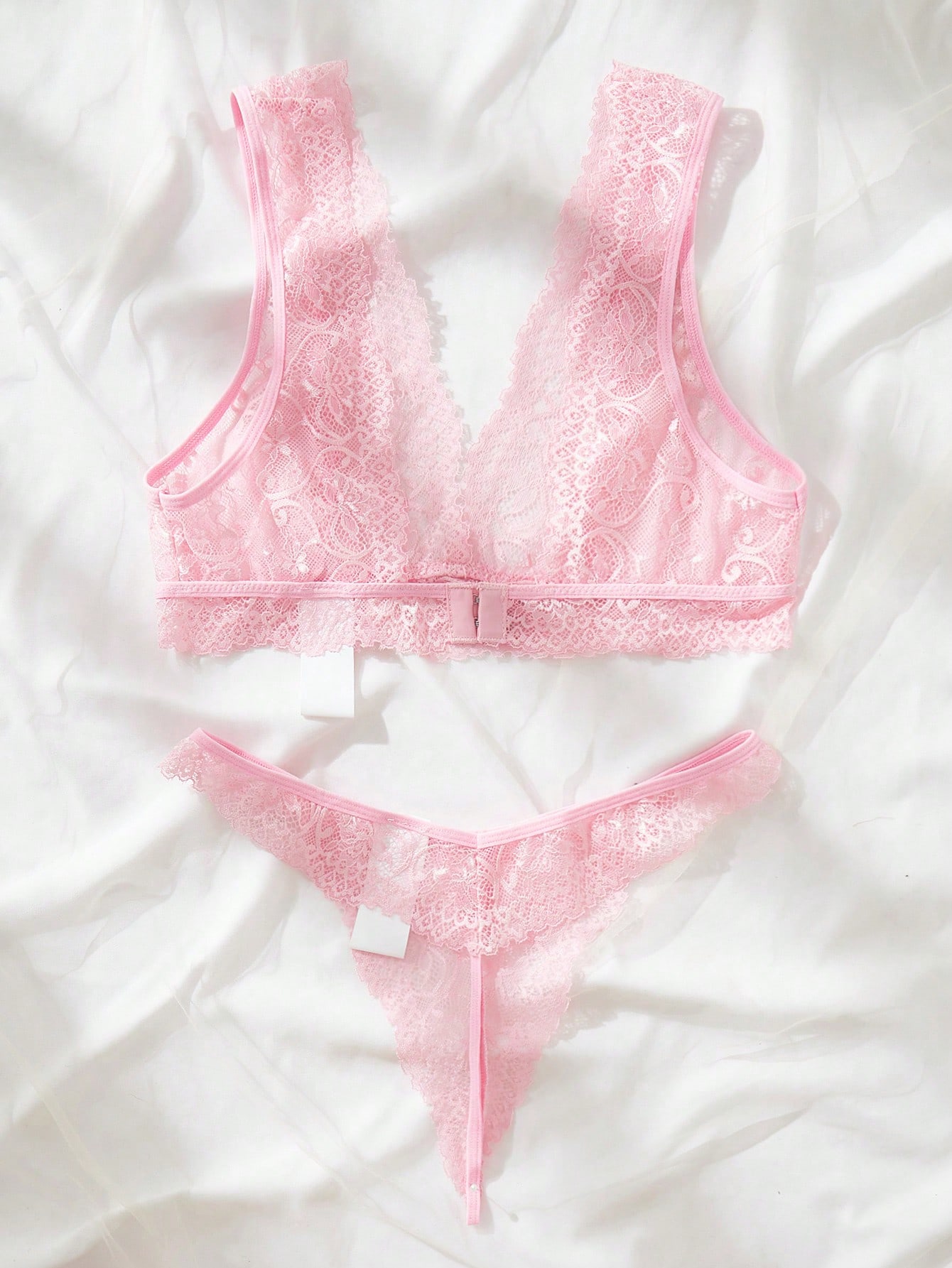 Lace Bralette Set - 핑크 레이스 란제리 세트, 시스루 플로럴